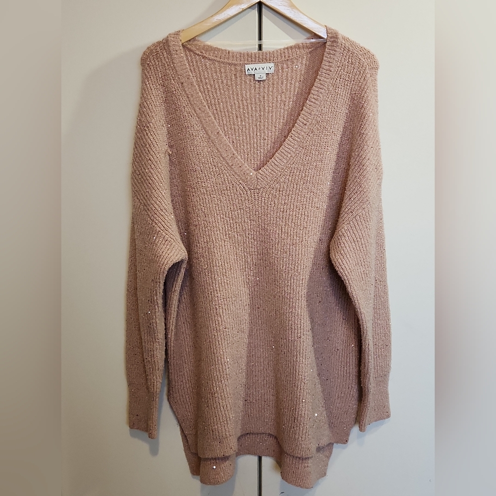 Women's Plus Size Chenille V-Neck Pullover Sweater - Ava & Viv Rose pink 1X